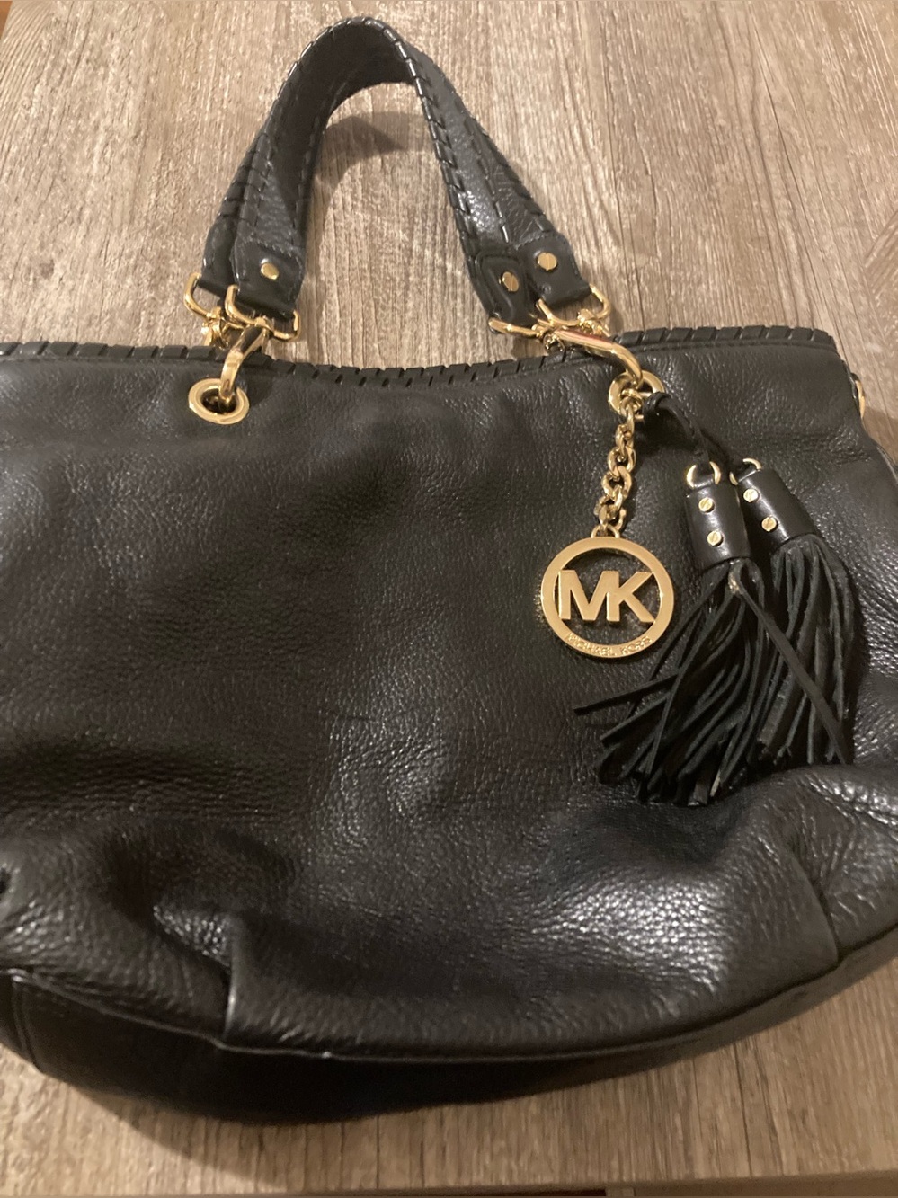 Michael Kors Black Leather Shoulder Tote with Gold MK Charm and Tassel